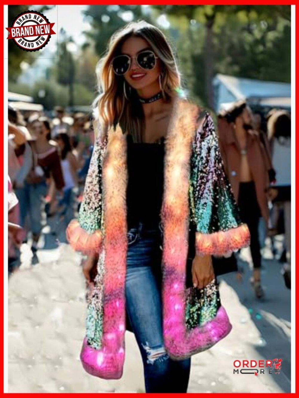 LED Light Up Sequin Coat Small Faux Fur Music Festival Party Jacket - Picture 3 of 7
